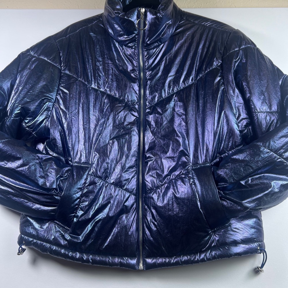 Y2K TCEC Puffer Jacket Womens Iridescent Metallic Small Blue Shiny Y2K Coat